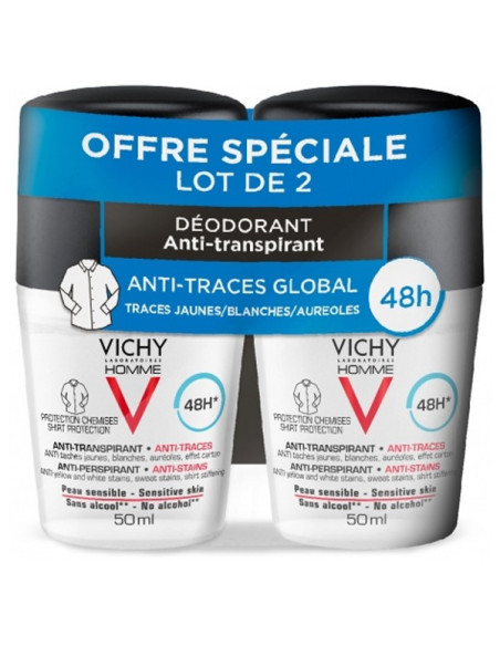 Vichy Homme Déodorant Anti-Transpirant Anti-Traces 48h Roll-On Lot de 2 x 50ml