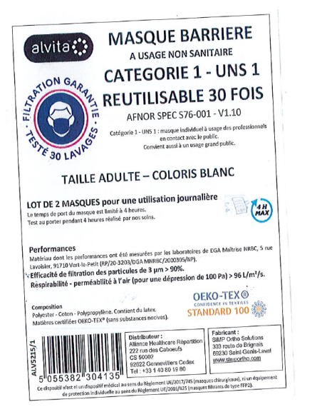 Masque barriere catégorie 1 UNS1 adulte 30 lavages lot de 2 masques
