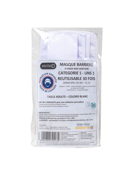 Masque barriere catégorie 1 UNS1 adulte 30 lavages lot de 2 masques